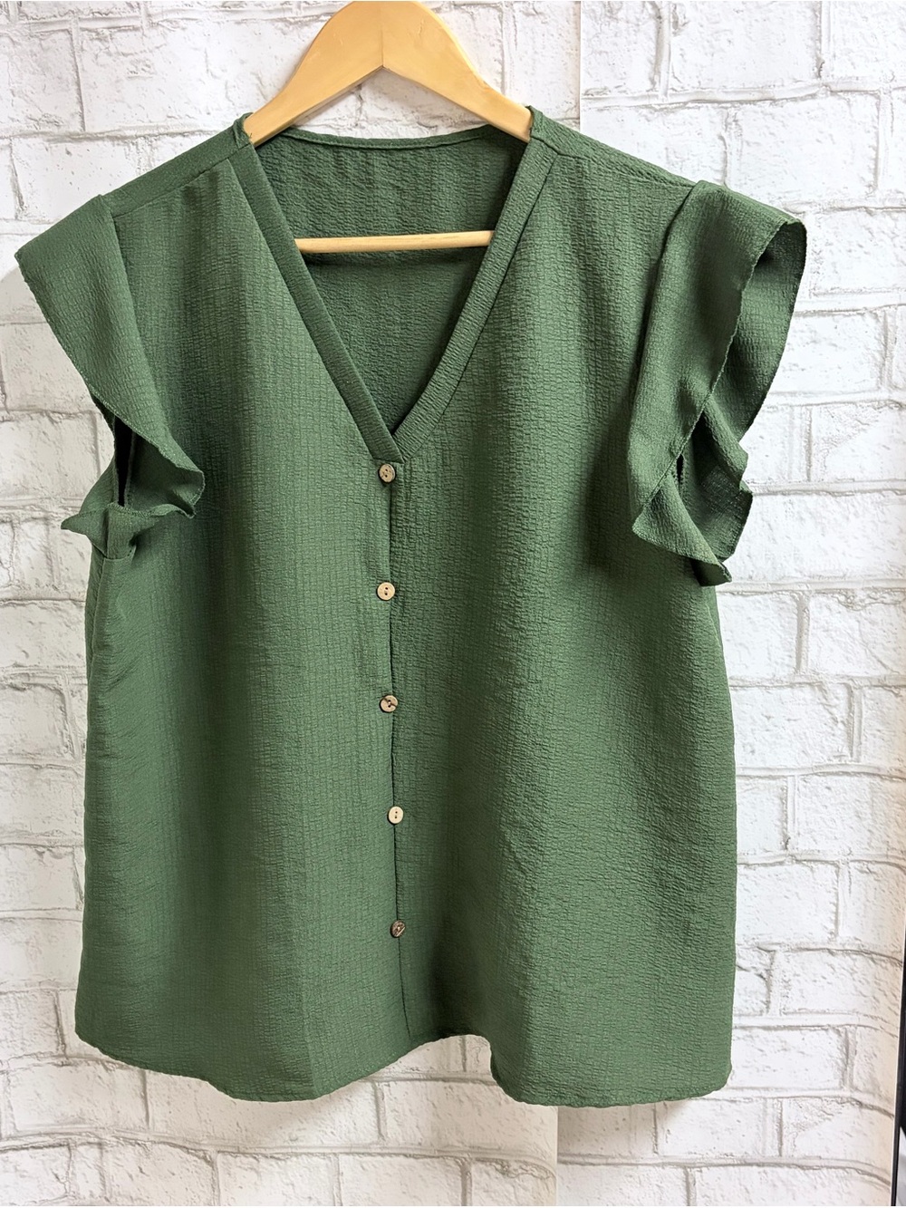 Olive Green V-Neck Ruffle Sleeve Button Blouse
